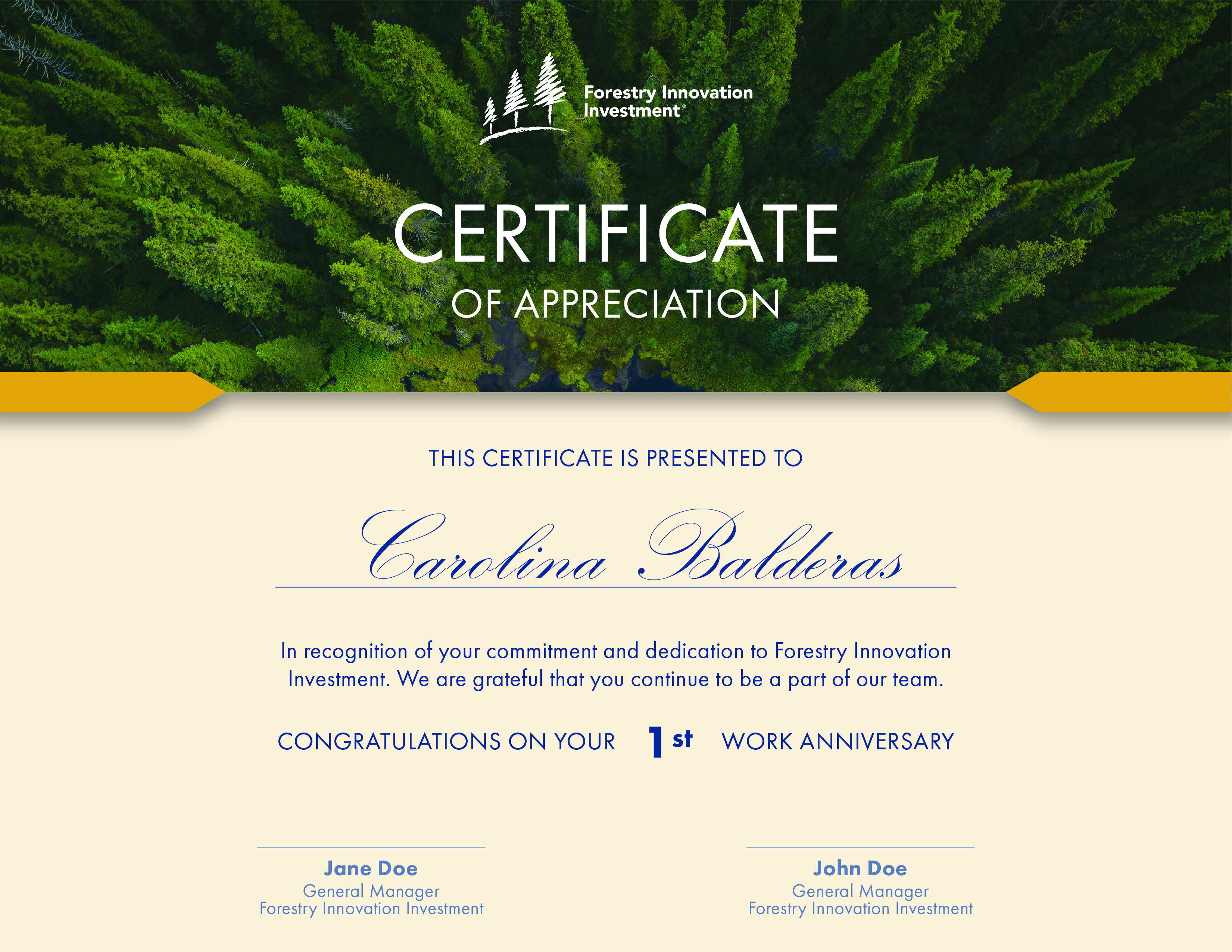 Certificate has bird's-eye-view of green and lush forest, horizontally at the top two fifths of the page, with logo and text "Certificate of Appreciation". Bottom three fifths of the page have recipient's name, anniversary year, and manager's name.