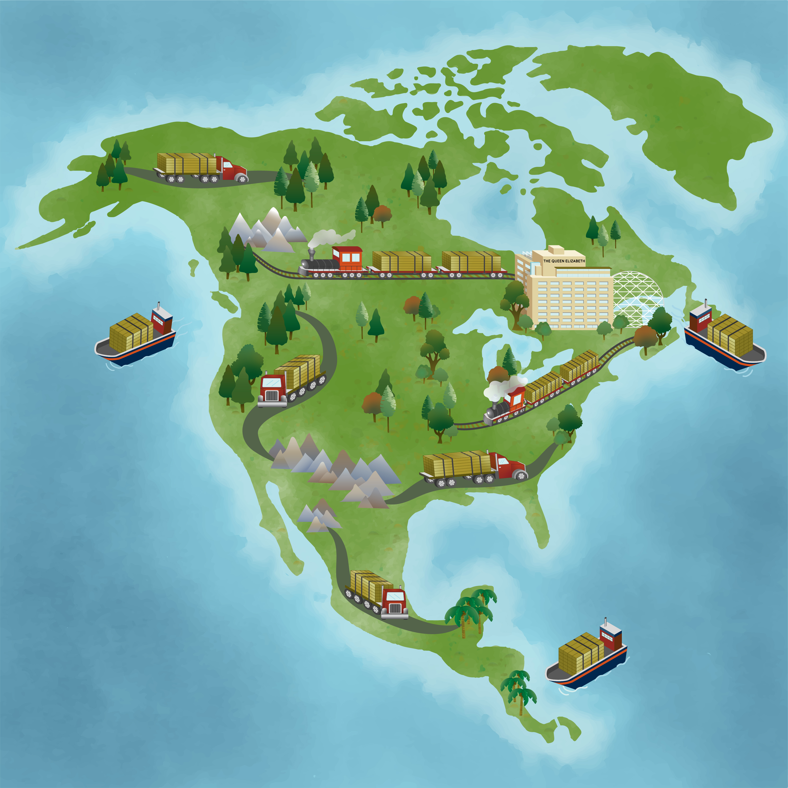 Map of North and Central America in vibrant green, where trucks carrying lumber move through highways, and trains and boats also appear to be moving wood across the map.