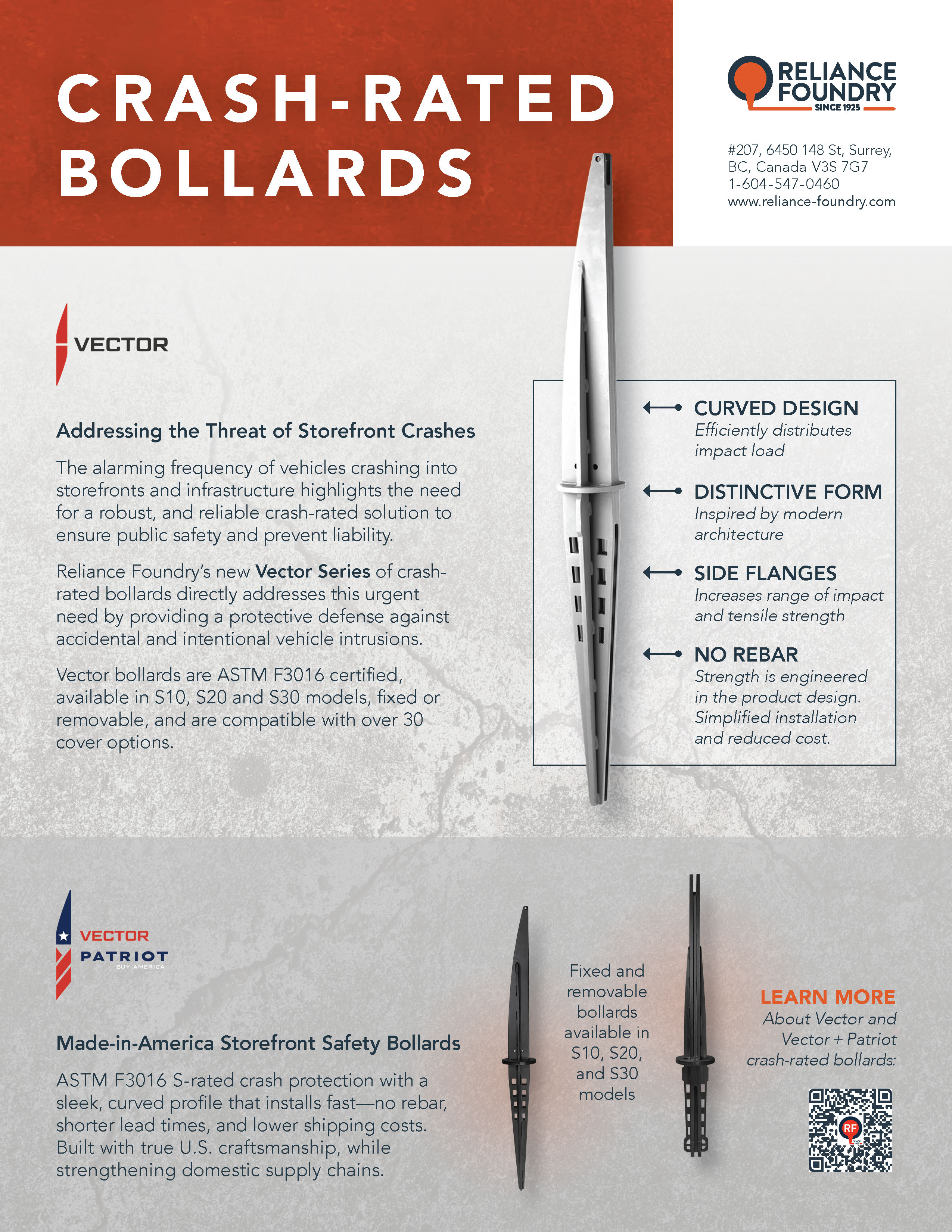 First page of a flyer displaying Reliance Foundry's Vector crash-rated bollards, their key features and a QR code that takes readers to the Vector landing page.