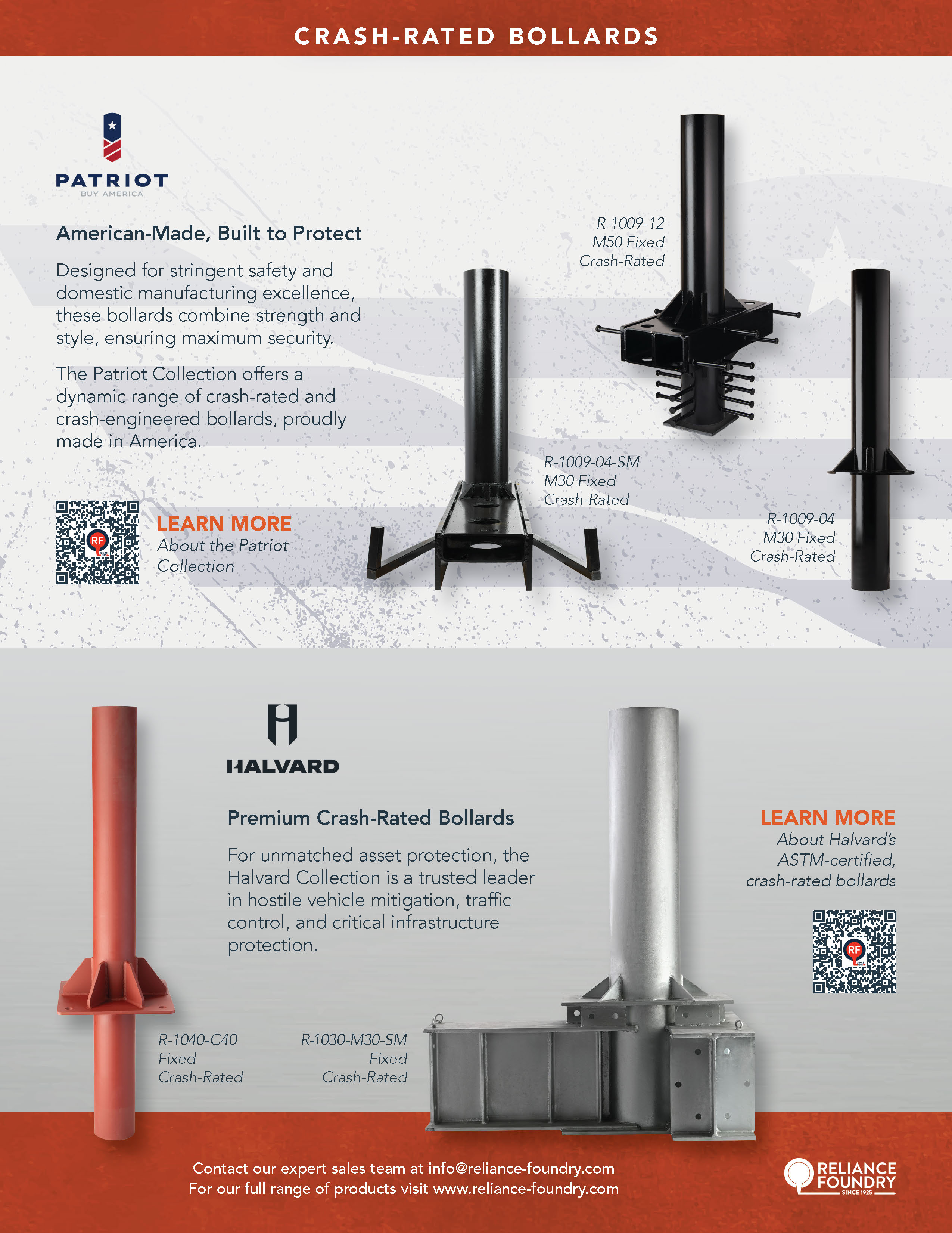 Second page of a flyer showing the Patriot and Halvard collections of crash-rated bollards, with QR codes to their respective landing pages