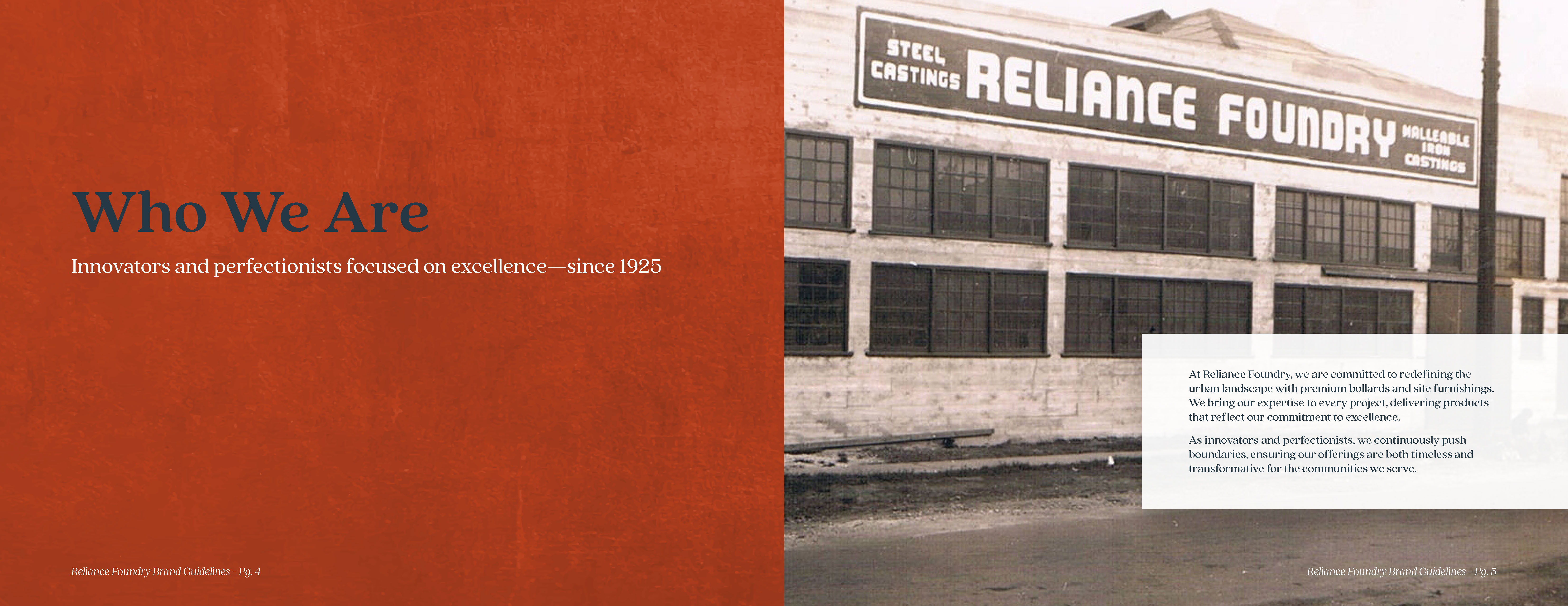 Who We Are. The old foundry building facade is shown with a retro signage that reads Reliance Foundry.