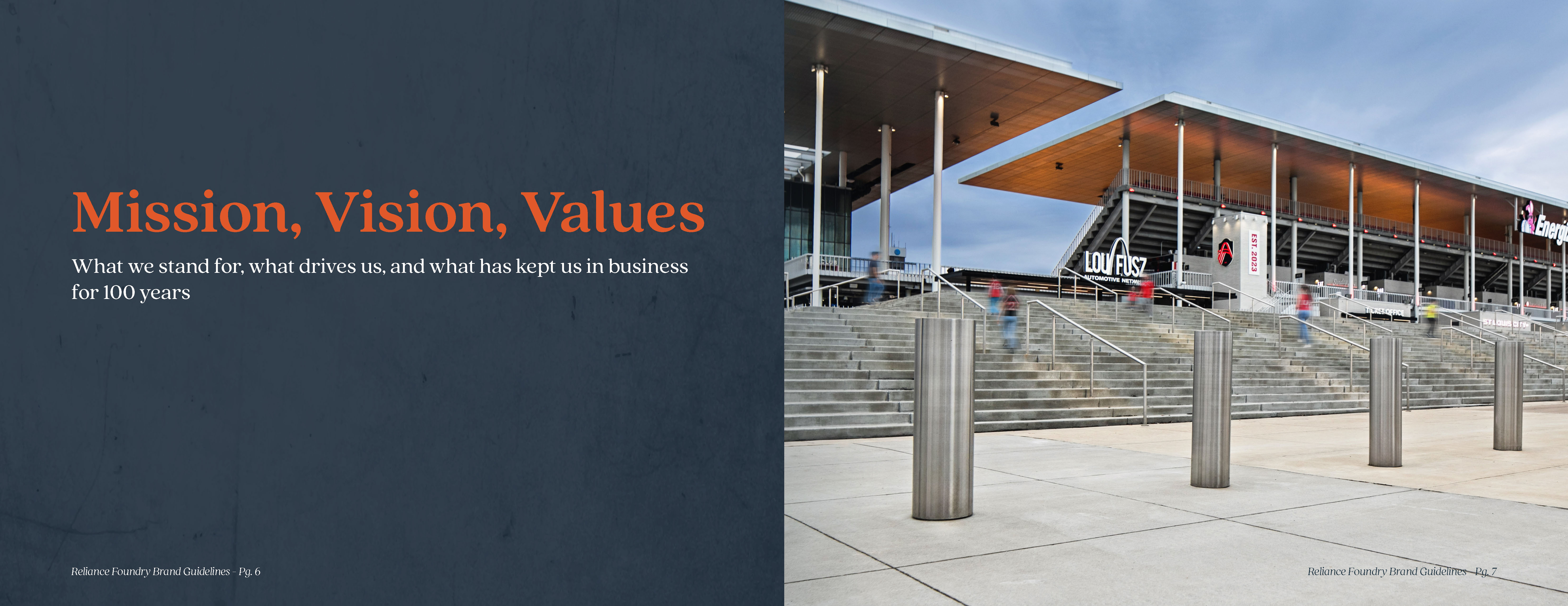 Mission, Vision, Values. A photo of slanted stainless steel bollards guarding the entrance stairs at Energizer Park in Saint Louis.