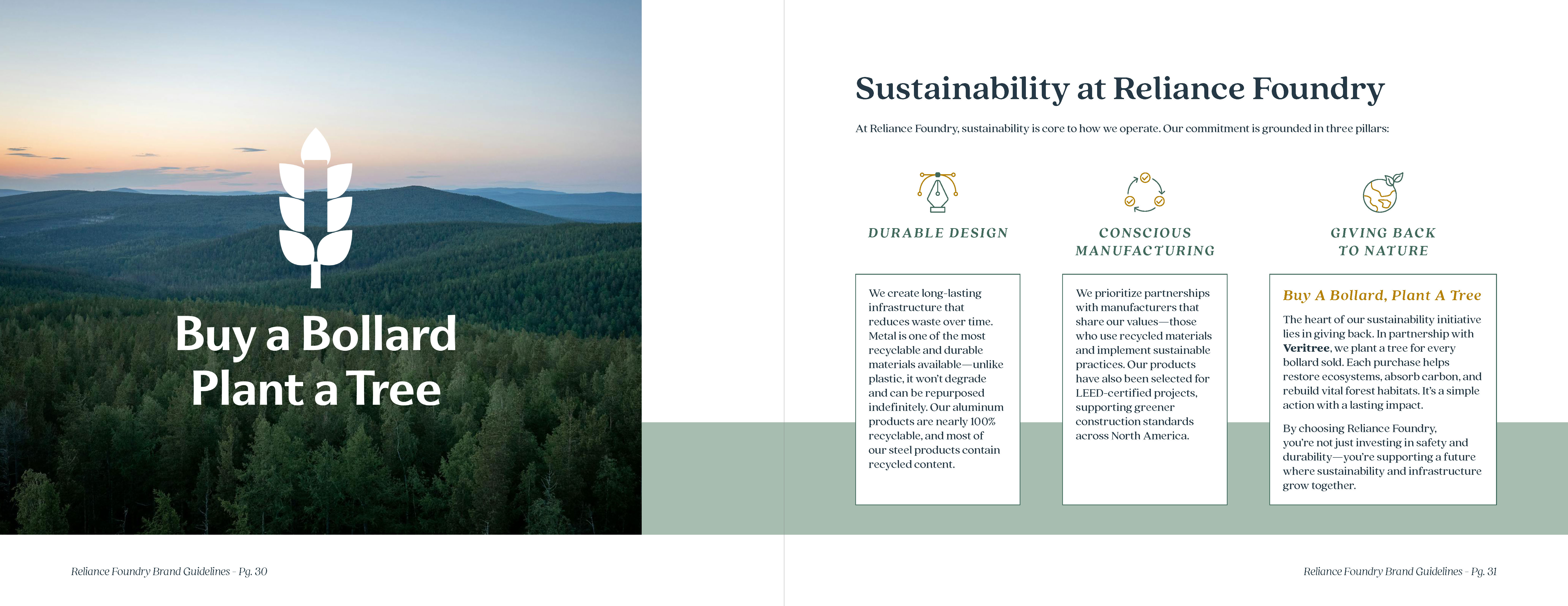 Sustainability double spread. Left page has the logo for Buy a Bollard, Plant a Tree over an aerial view of lush, green hills. Right page has the 3 pillars of Reliance's sustainability initiative: durable design, conscious manufacturing, and giving back to nature.