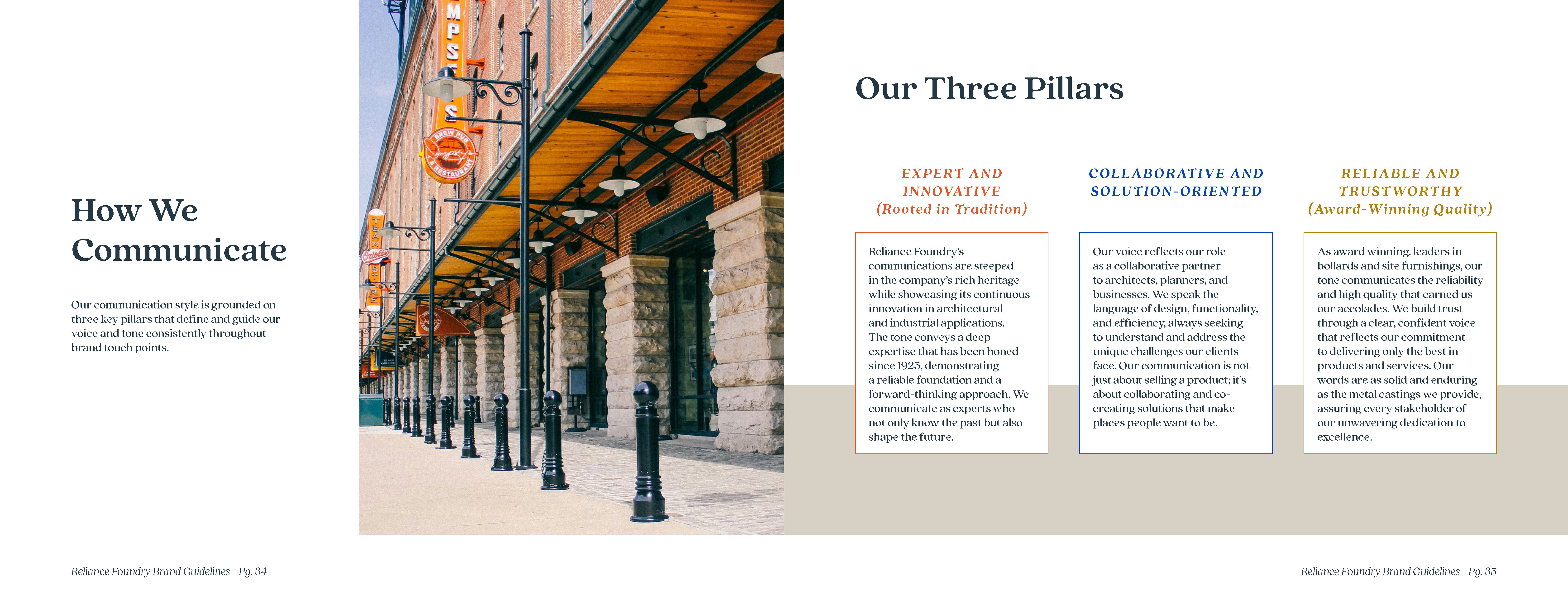 Voice and Tone spread. Left page has a photo of a classic round-cap traditional bollard at the entrance of Oriole Park. Right page has the 3 pillars of communication: expert and innovative, collaborative and solution-oriented, and reliable and trustworthy.