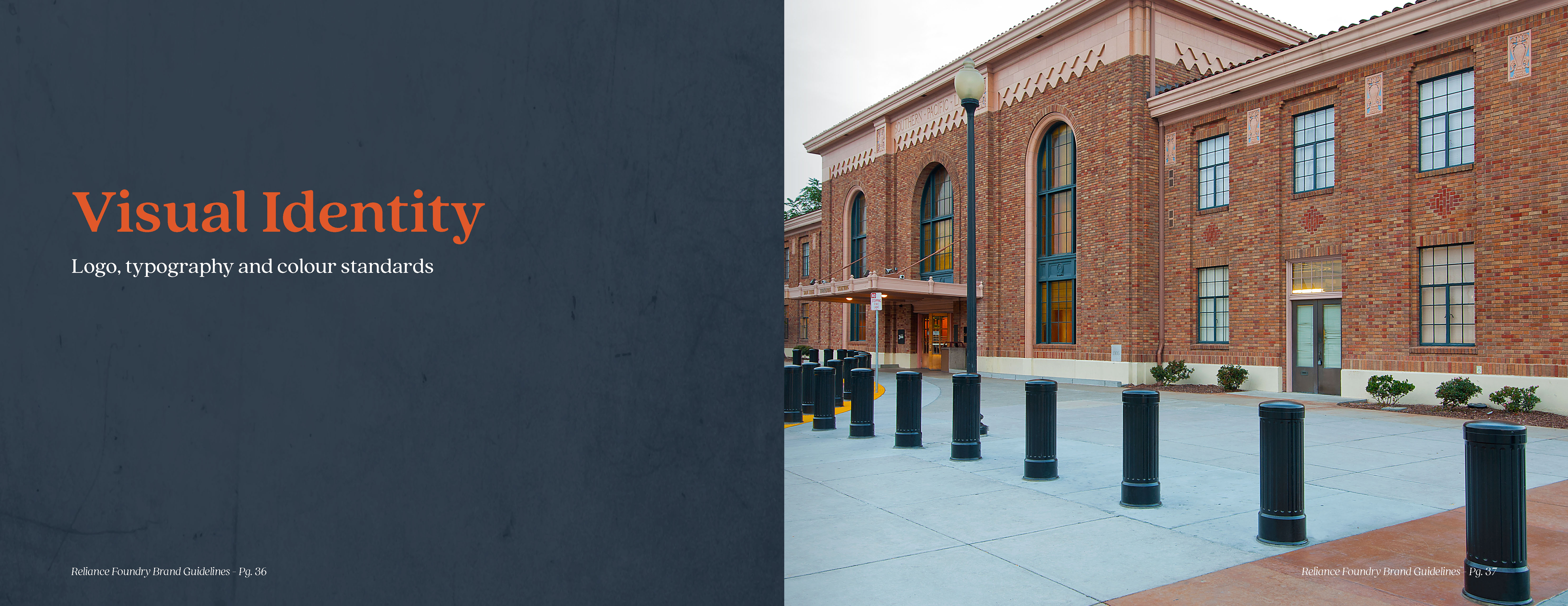 Visual Identity. Photo of a historical brick building with robust, traditional bollards protecting the sidewalk and main entrance.