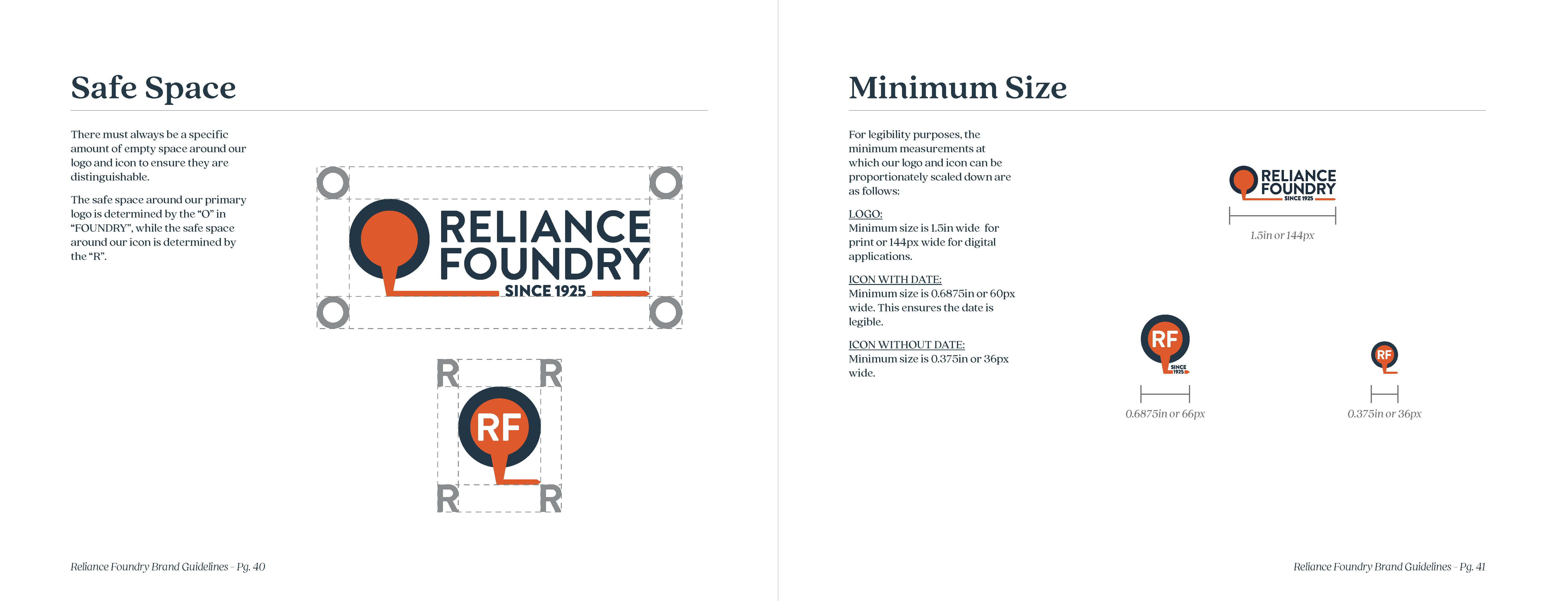 Spread explaining the safe space and minimum size parameters for the logo and icon.