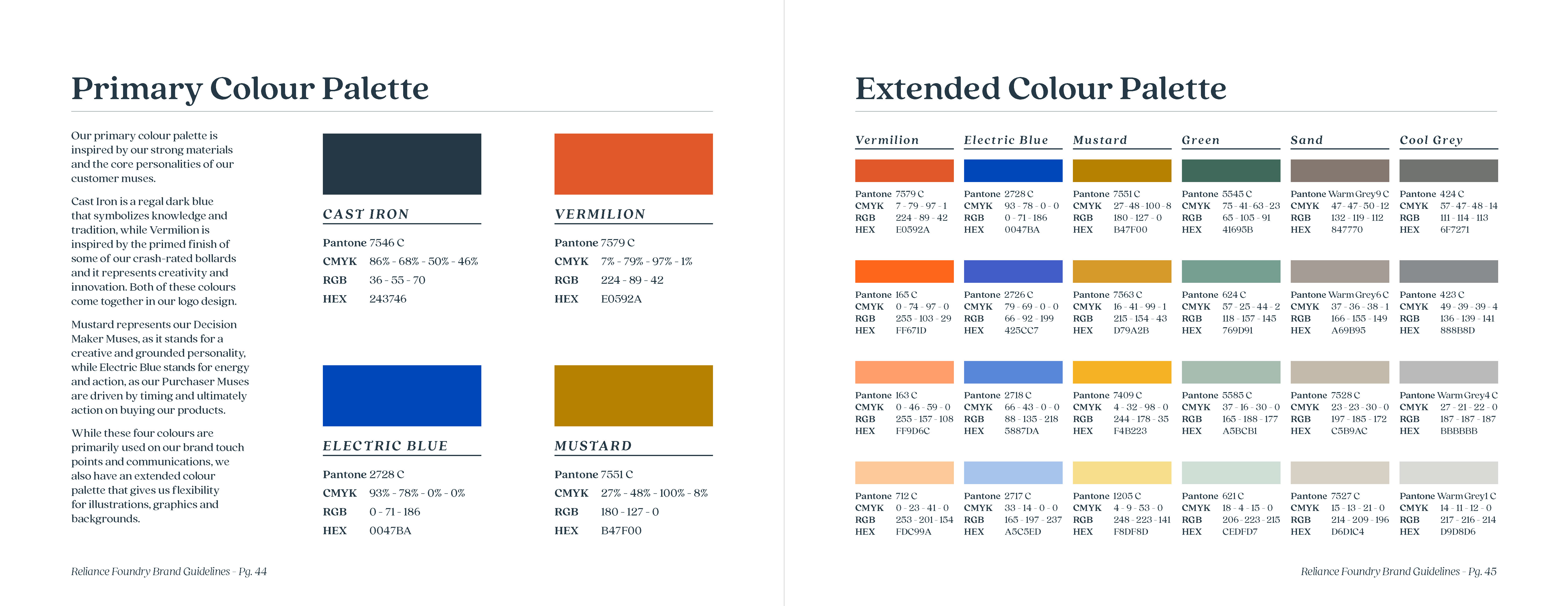 Spread listing the primary colour palette, and the extended colour palette with 24 tones.