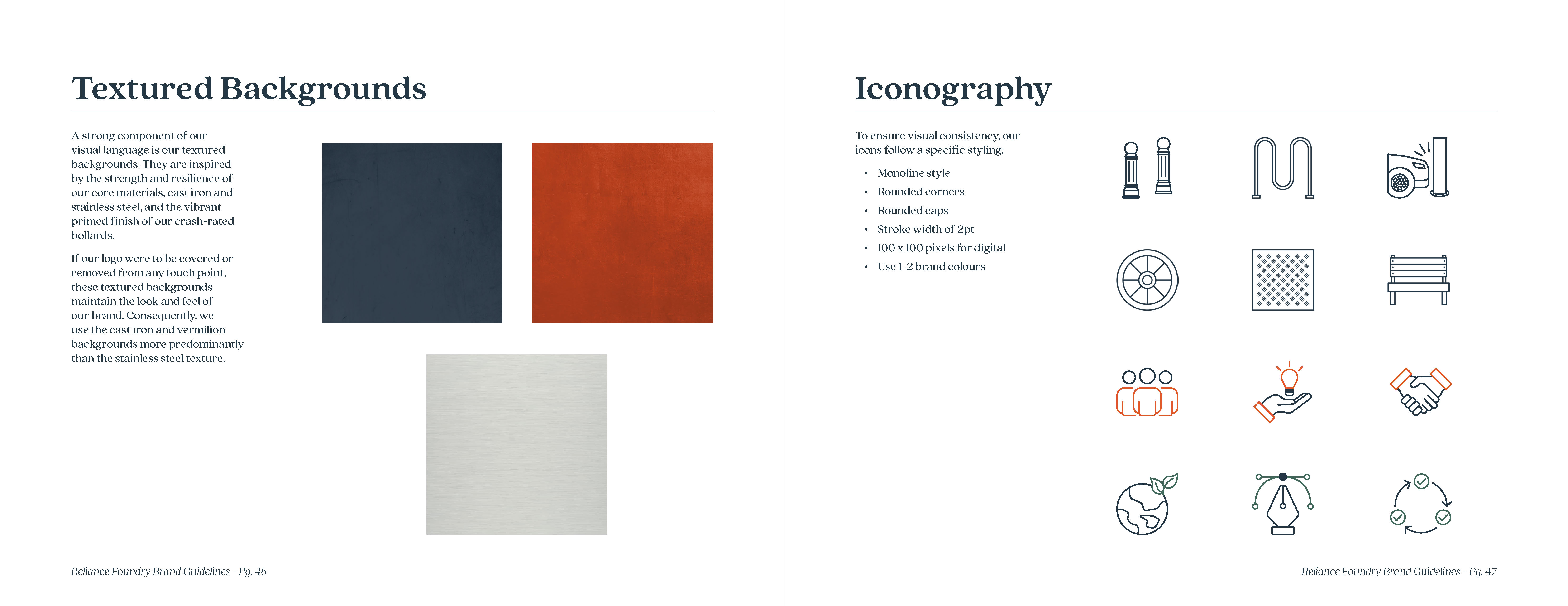 Spread introducing the 3 brand textures and examples of iconography.