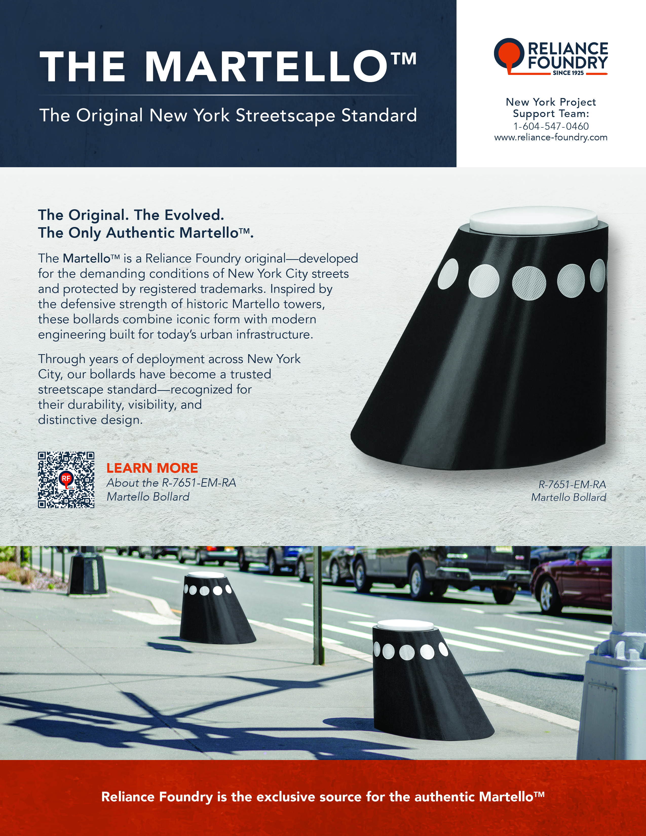 Front page of the Martello brochure, explains why this bollard is the original New York streetscape standard for safety.