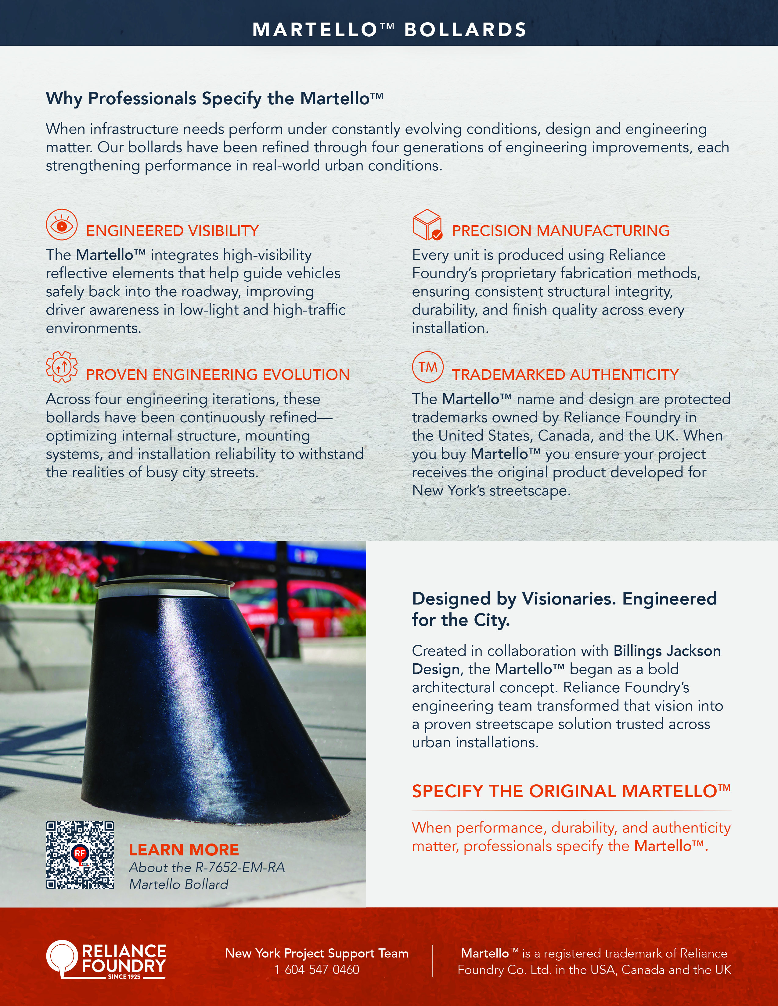 Second page of the Martello brochure, which explains key features like engineered visibility and trademark authenticity.