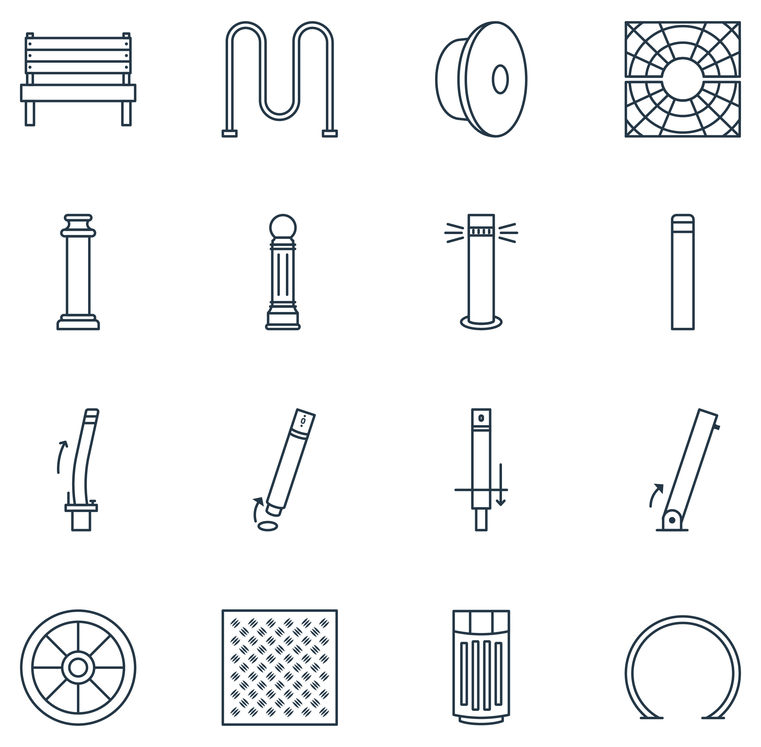 A collection of consistent, monoline icons in dark blue representing different product categories.